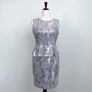 Adrianna Papell Silver Sequin Lace Sleeveless Peplum Cocktail Dress